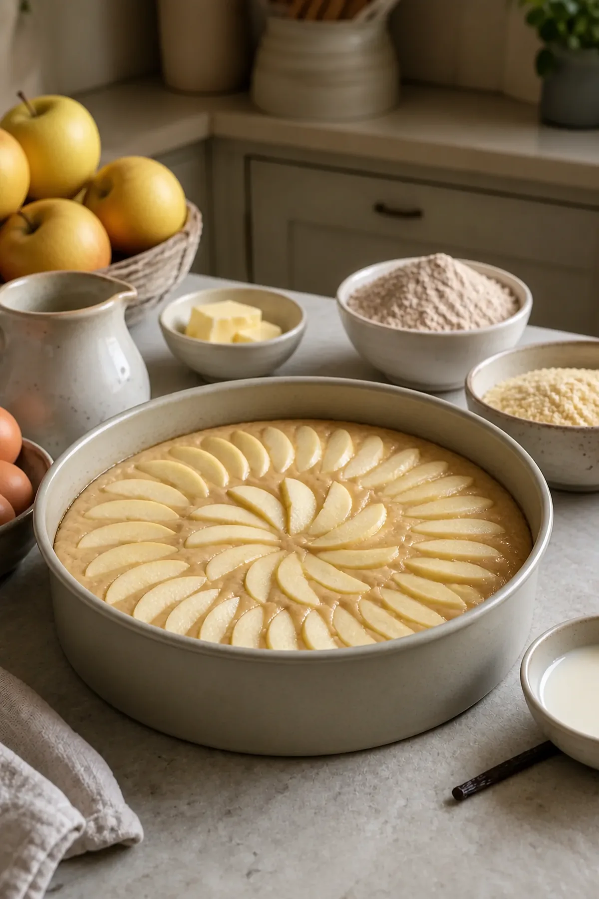 Pommes disposées sur le moelleux à la châtaigne avant cuisson