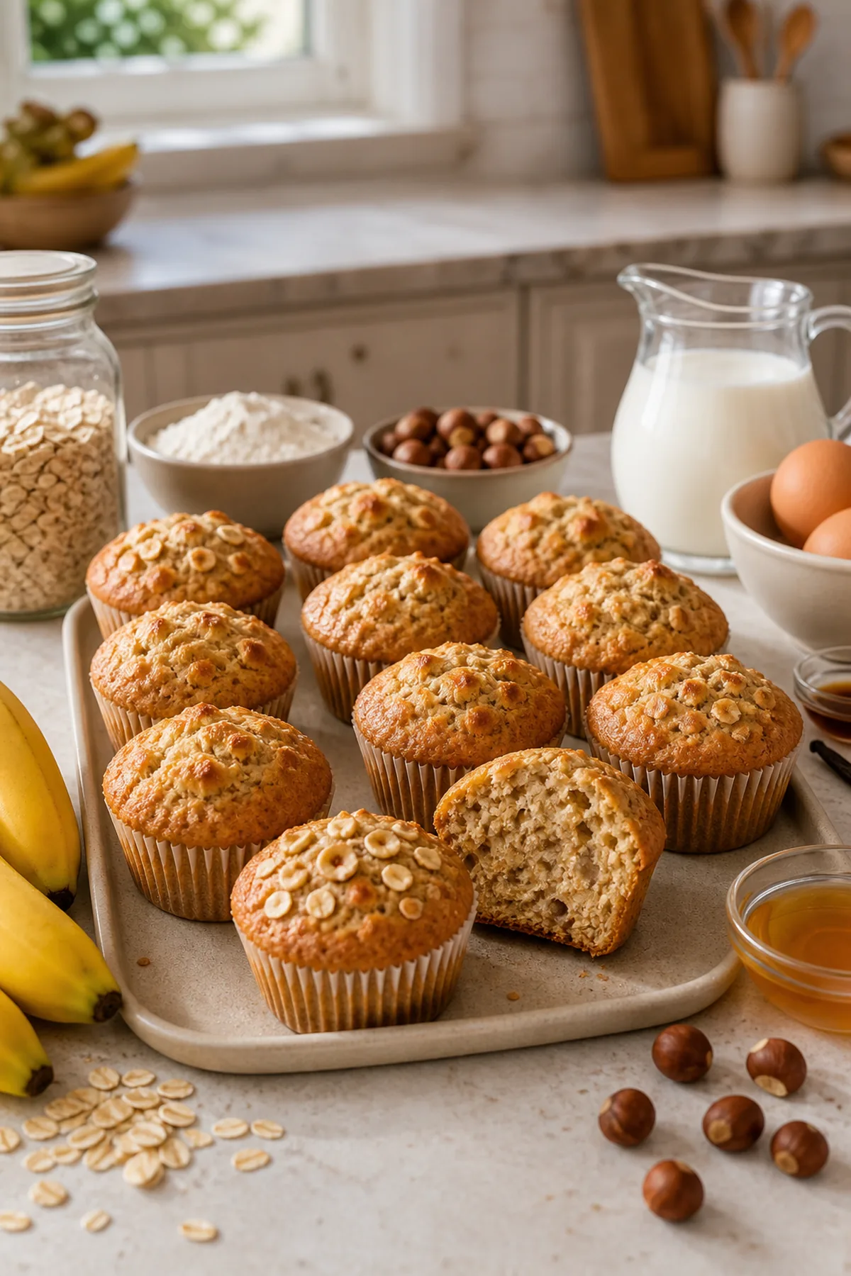 Muffins petit-déjeuner à la banane, avoine et noisettes