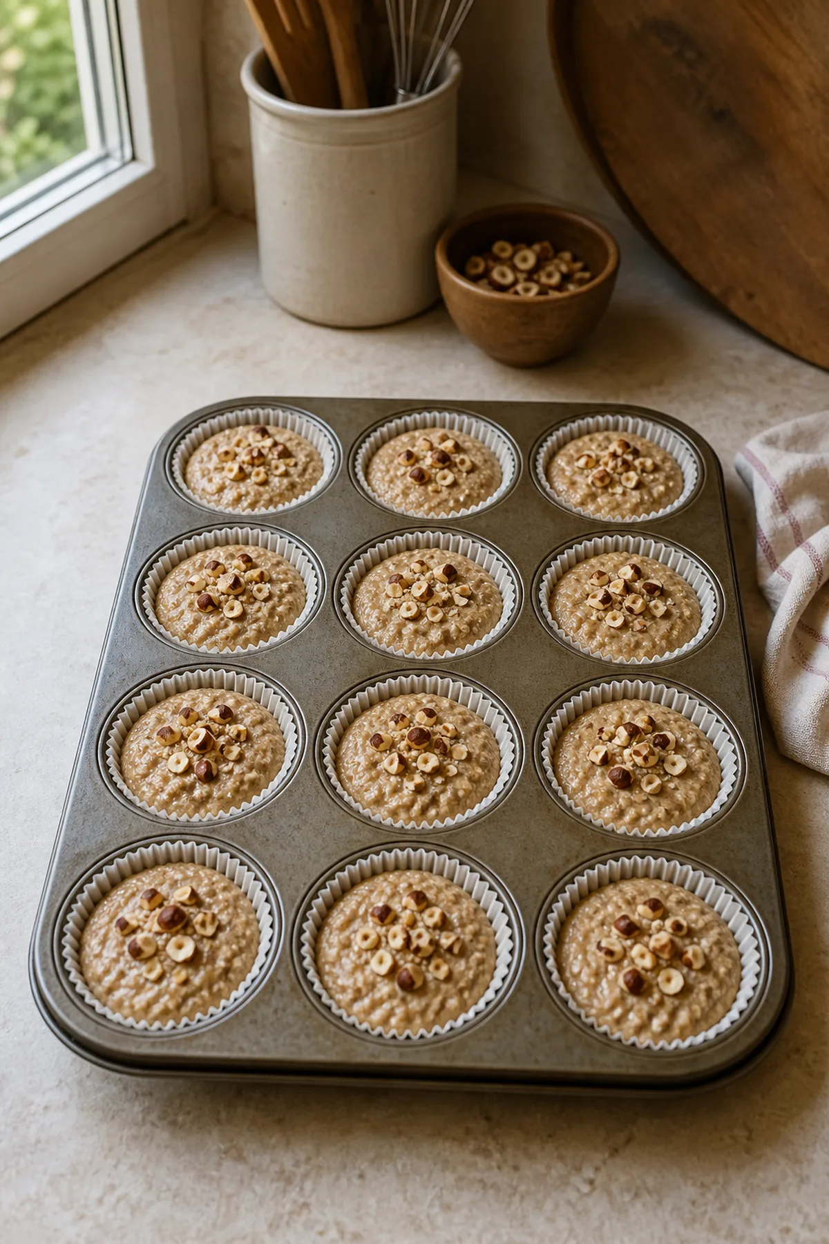 Étape de préparation de Muffins petit-déjeuner à la banane, avoine et noisettes
