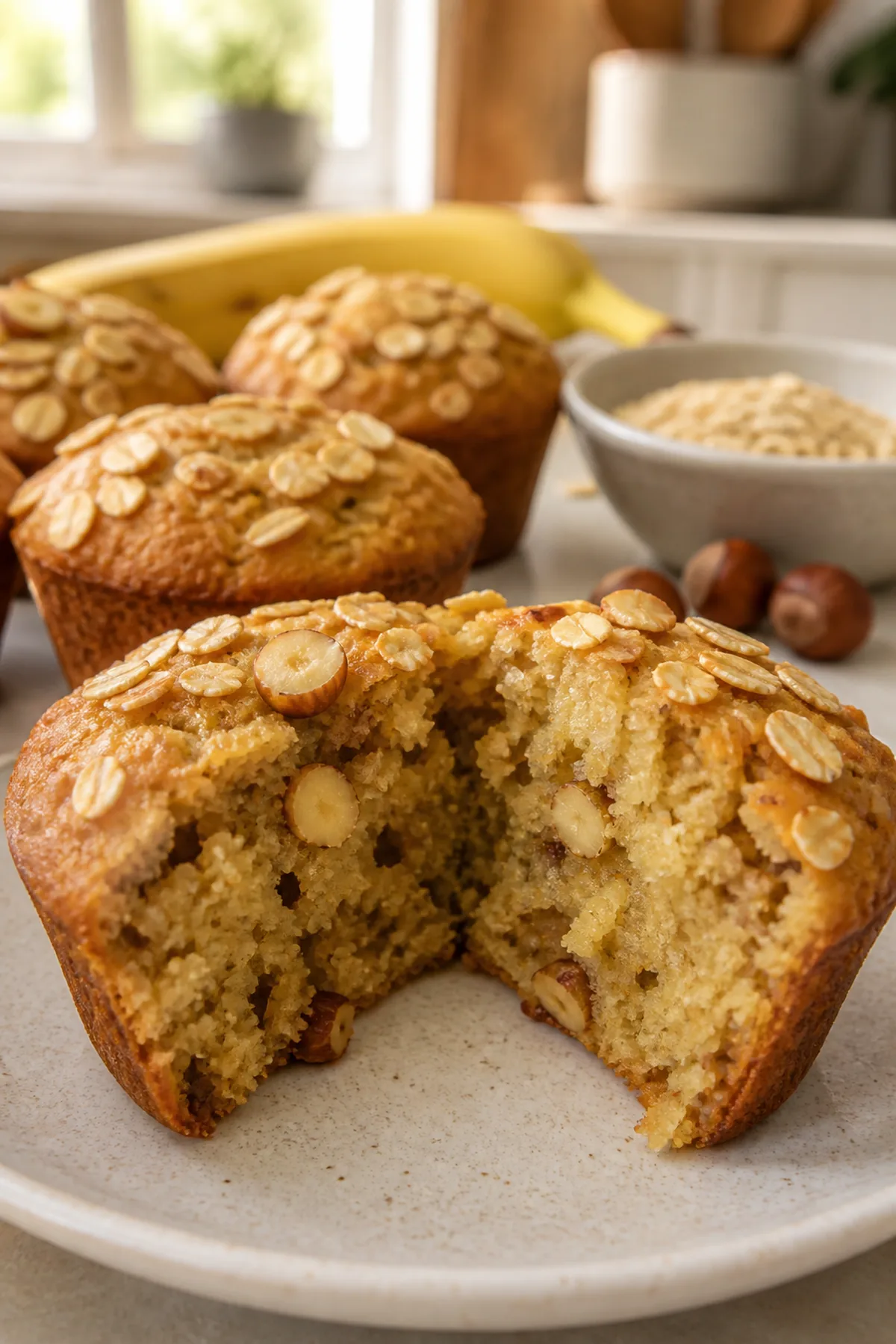 Muffins petit-déjeuner à la banane, avoine et noisettes prêt à servir