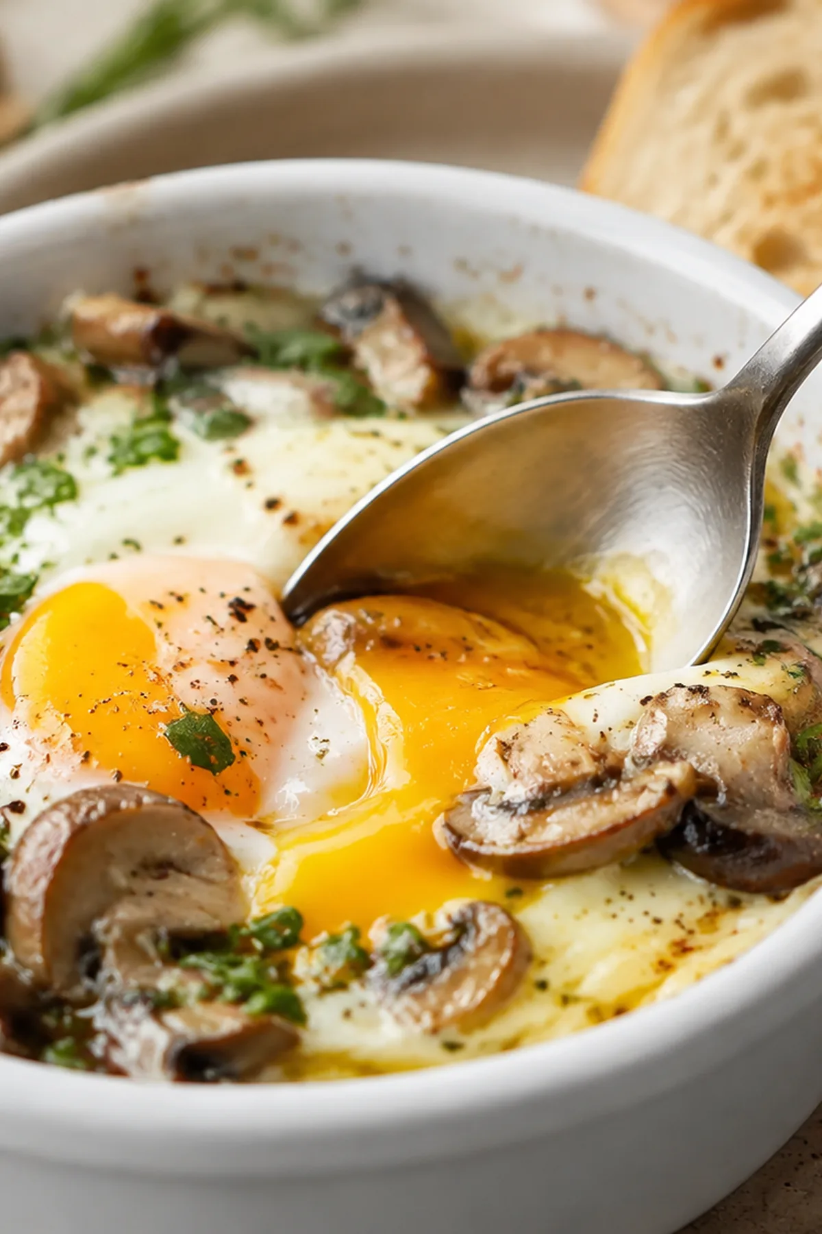 Œufs cocotte aux champignons et aux herbes prêt à servir