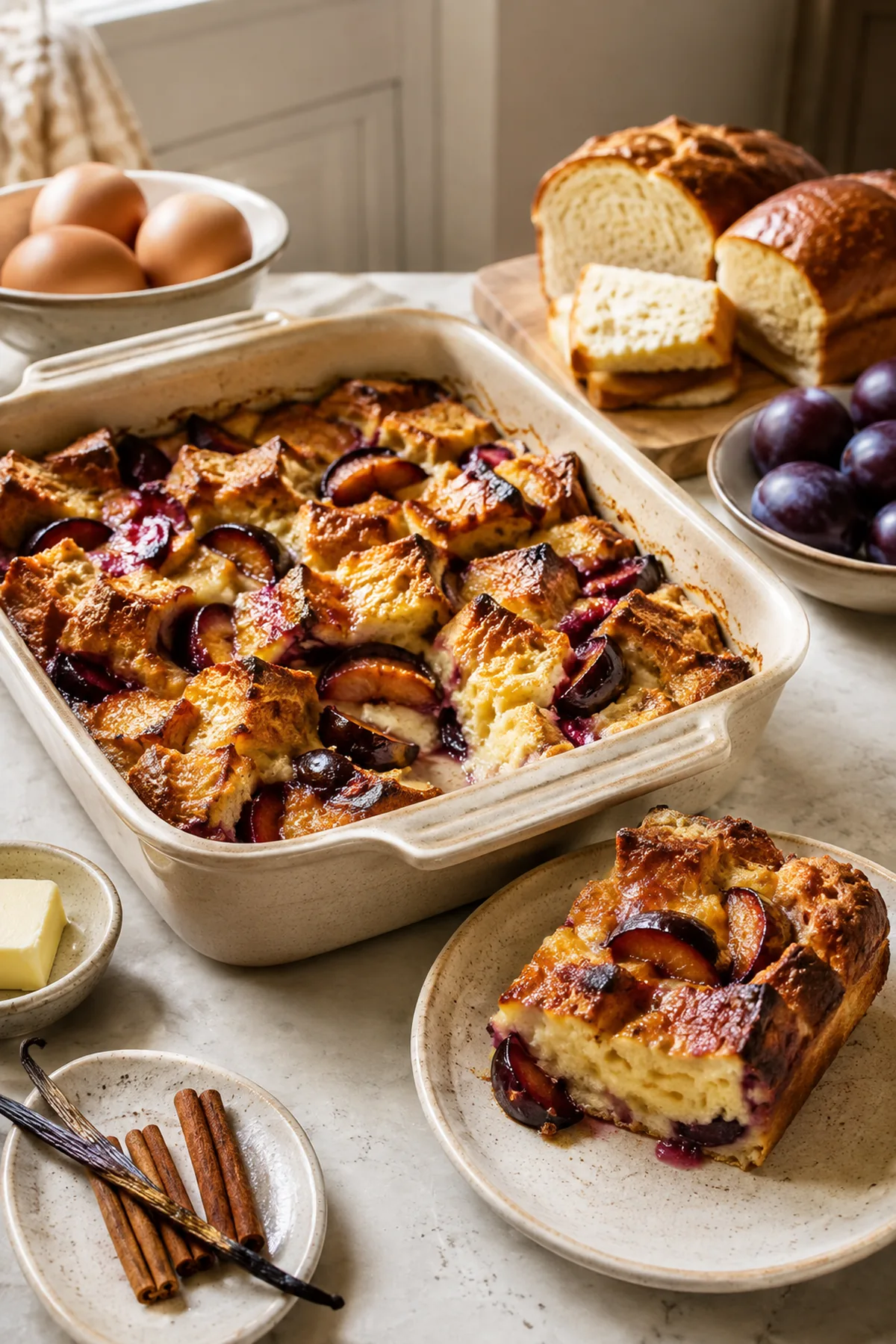 Pain perdu au four aux prunes et à la cannelle