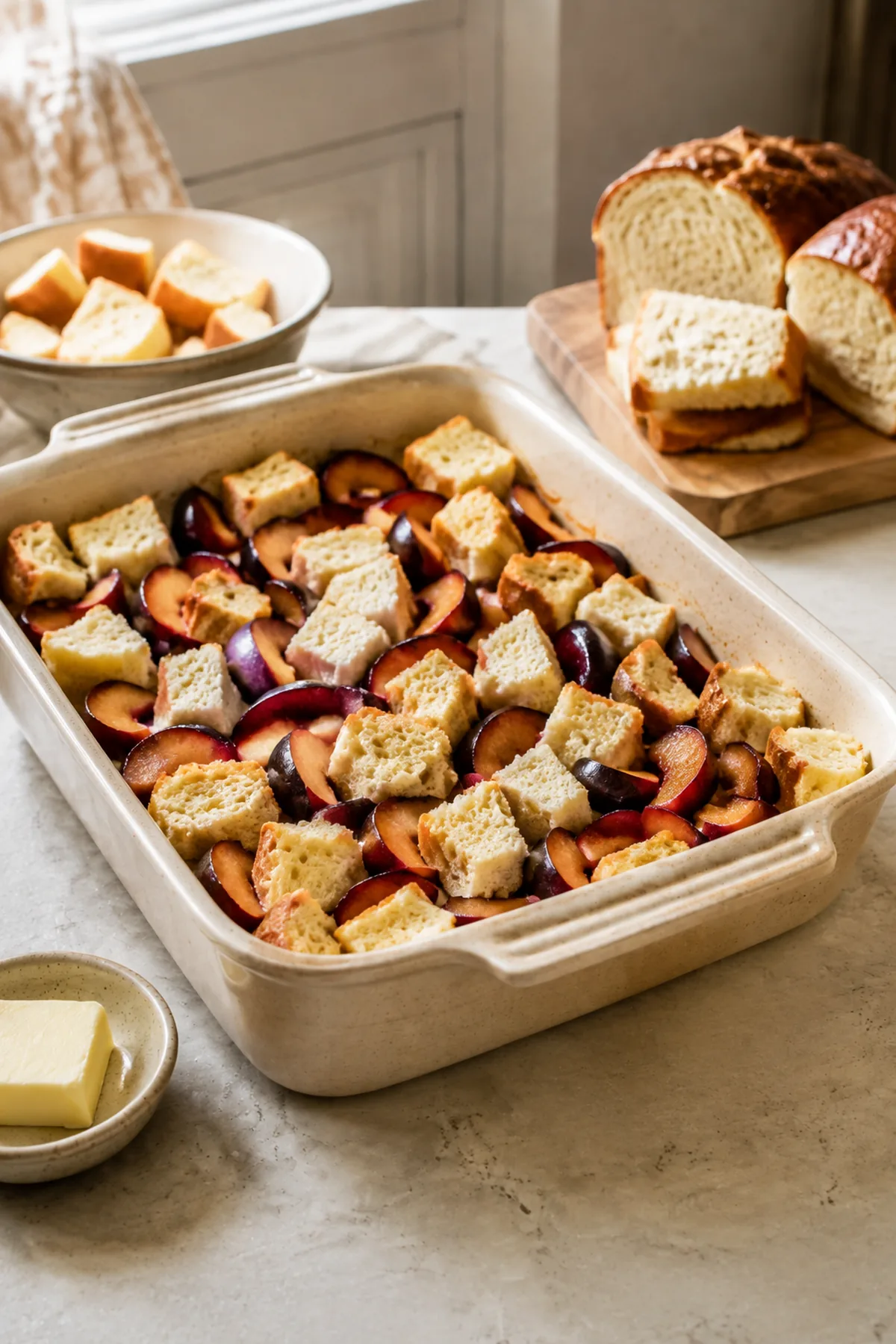 Préparation de Pain perdu au four aux prunes et à la cannelle