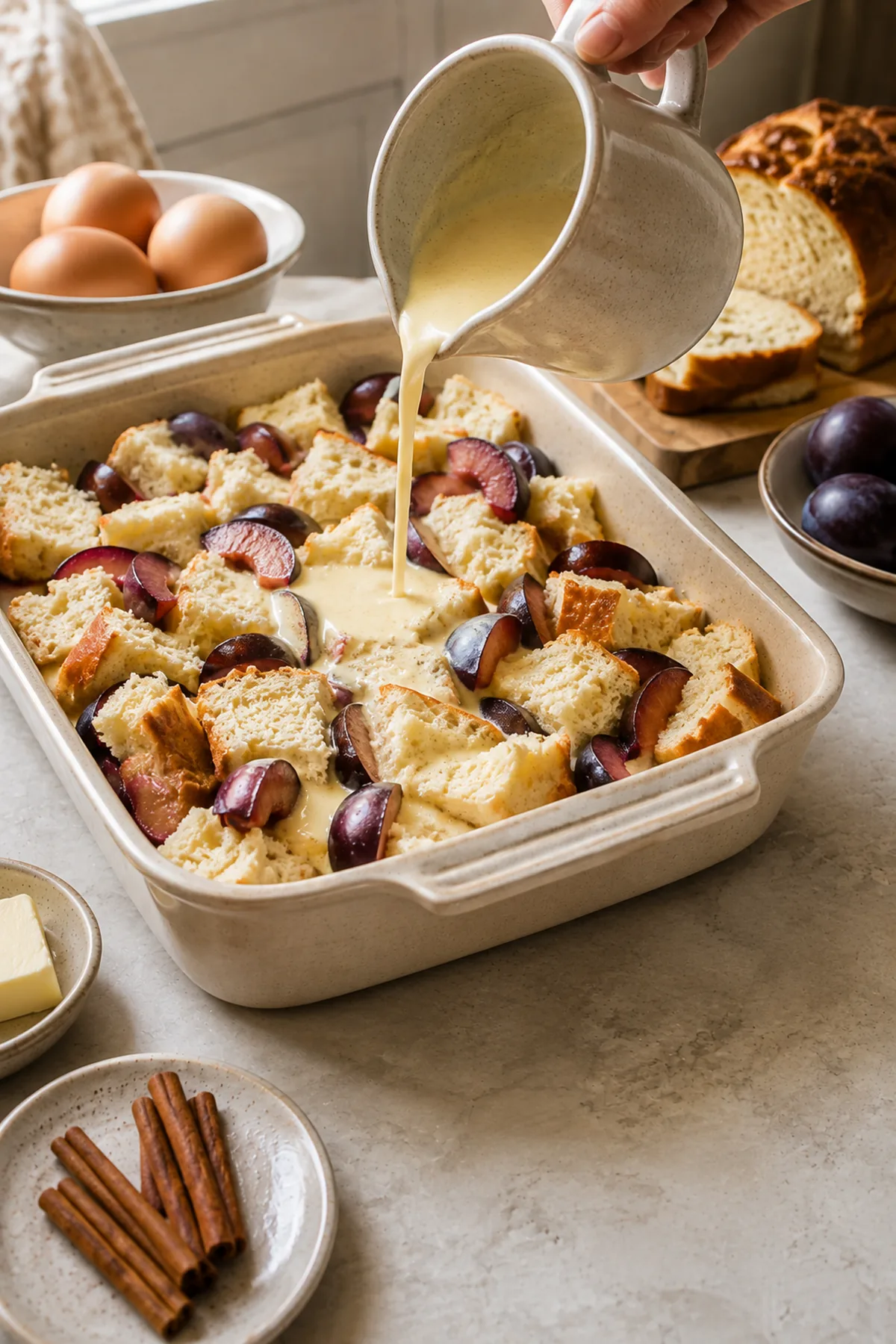 Étape de préparation de Pain perdu au four aux prunes et à la cannelle