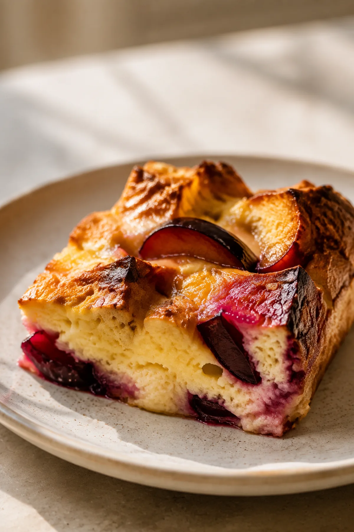 Pain perdu au four aux prunes et à la cannelle prêt à servir