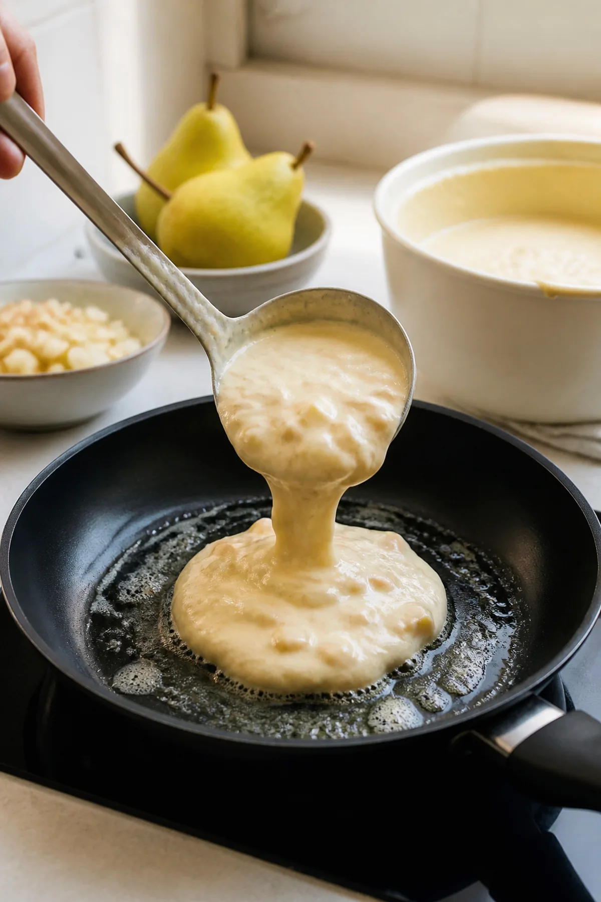 Préparation de Pancakes moelleux à la poire et au yaourt