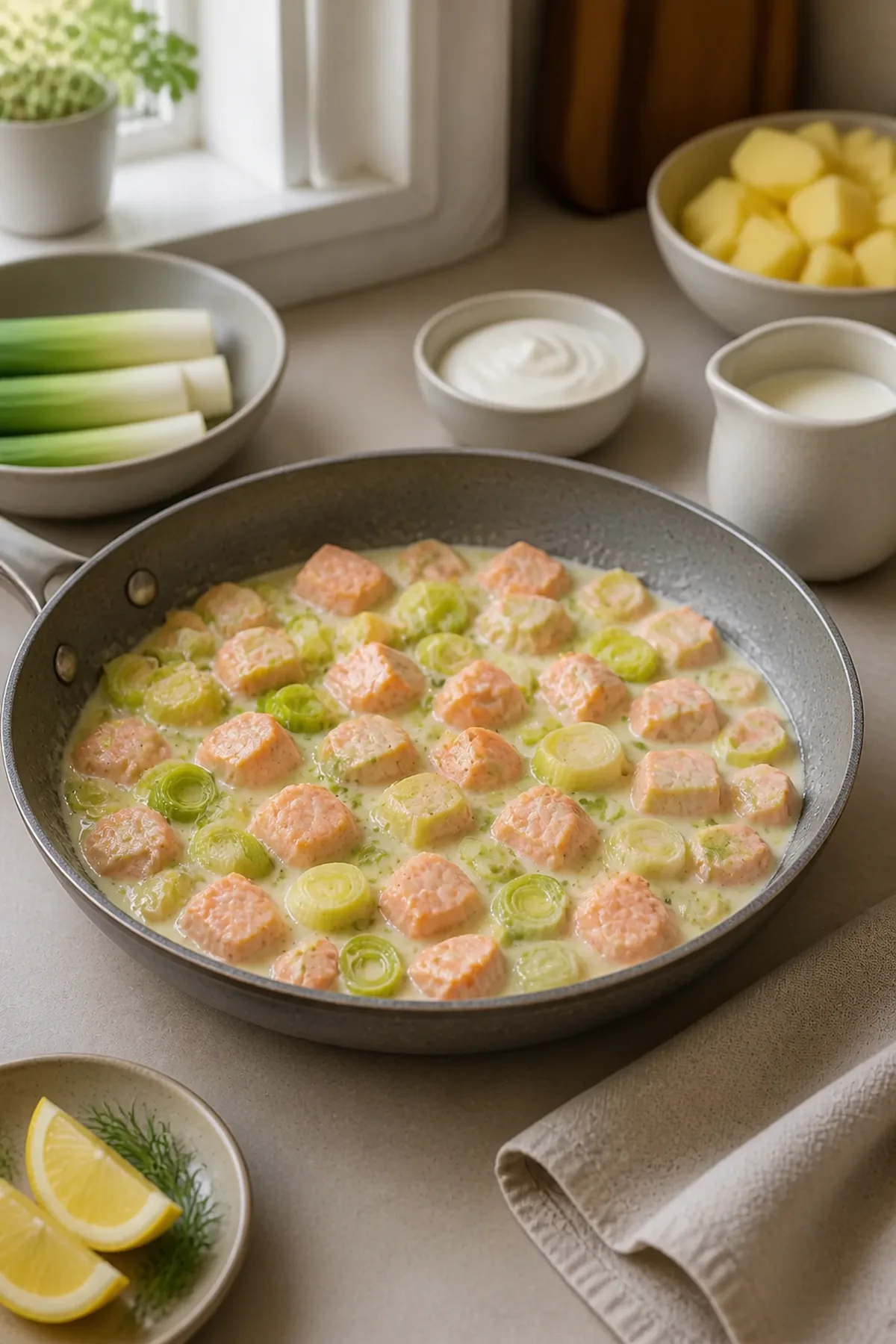 Saumon et poireaux mijotés dans une sauce crémeuse