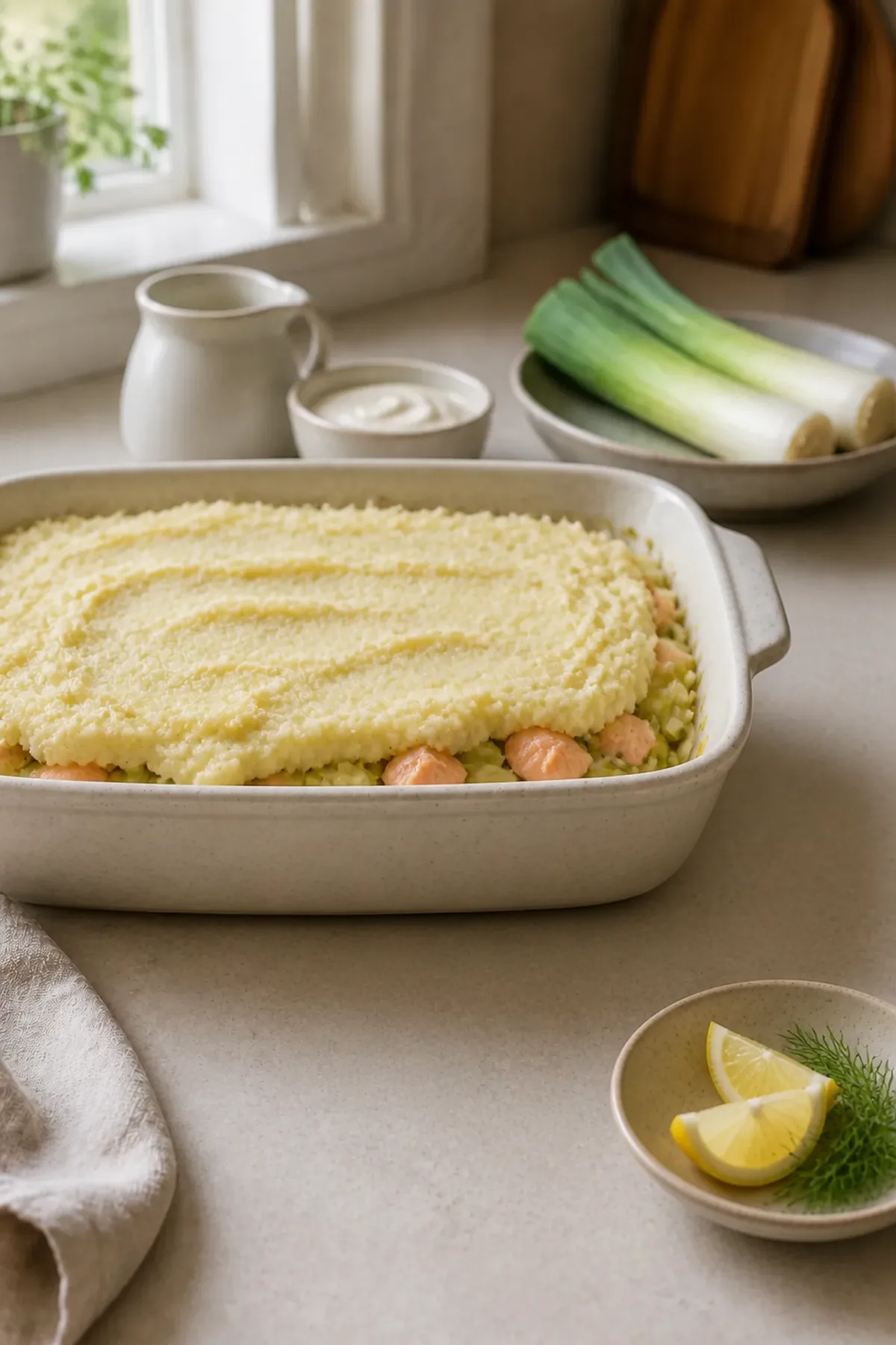 Montage du parmentier de saumon et poireaux sous la purée