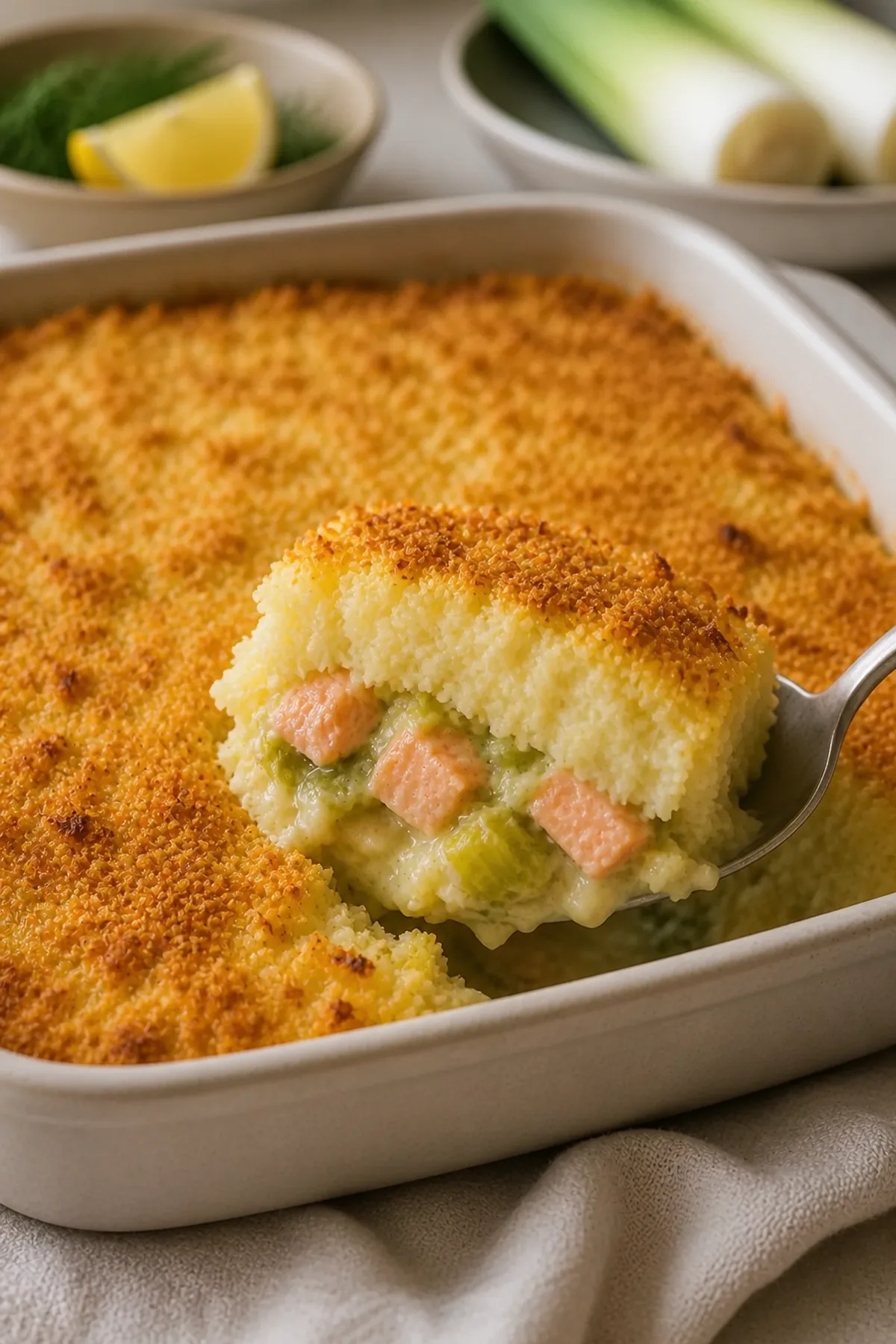 Portion de parmentier de saumon aux poireaux dorée au four