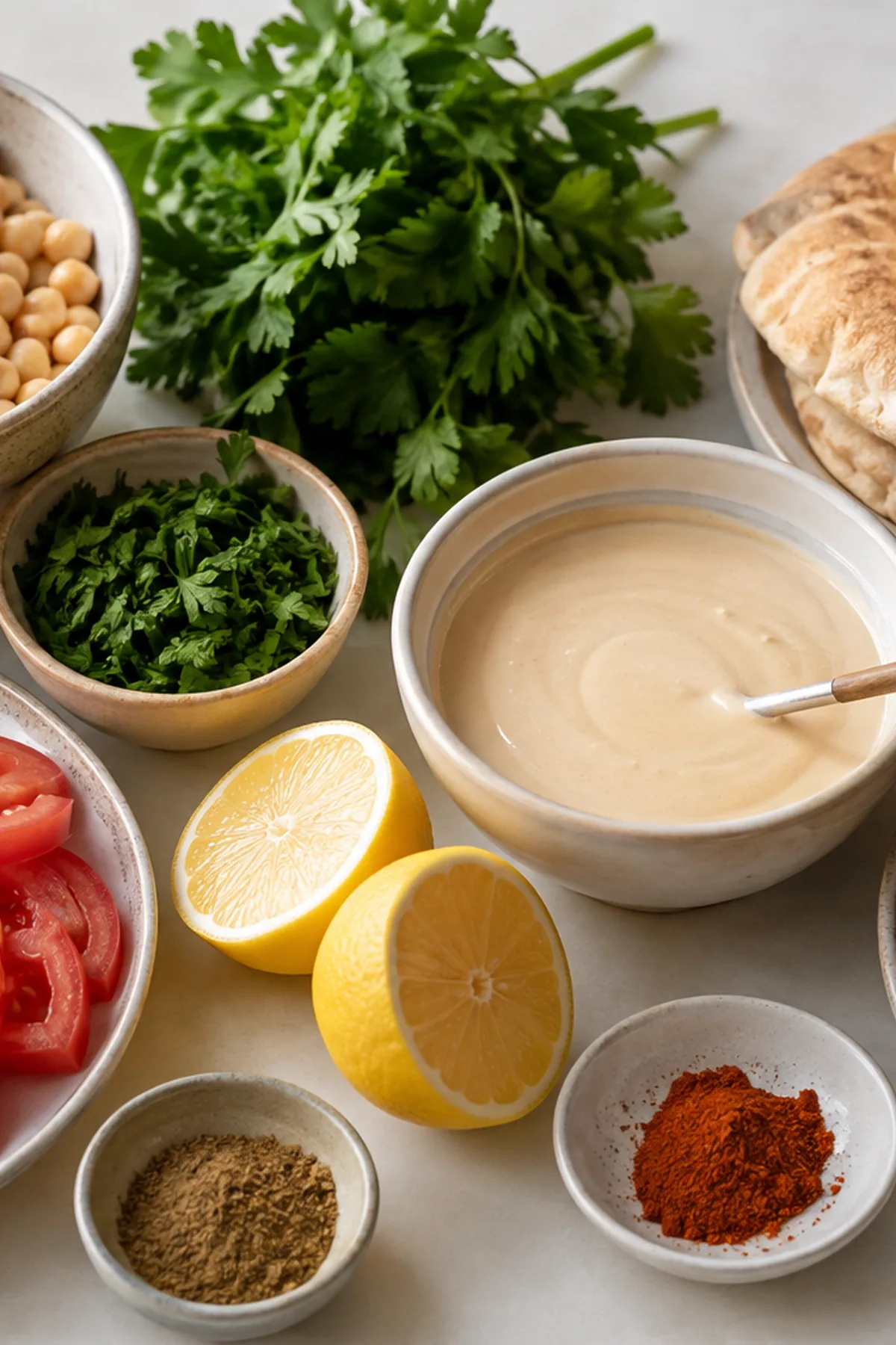 Ingrédients pour Pitas de falafels croustillants, crudités et sauce tahini