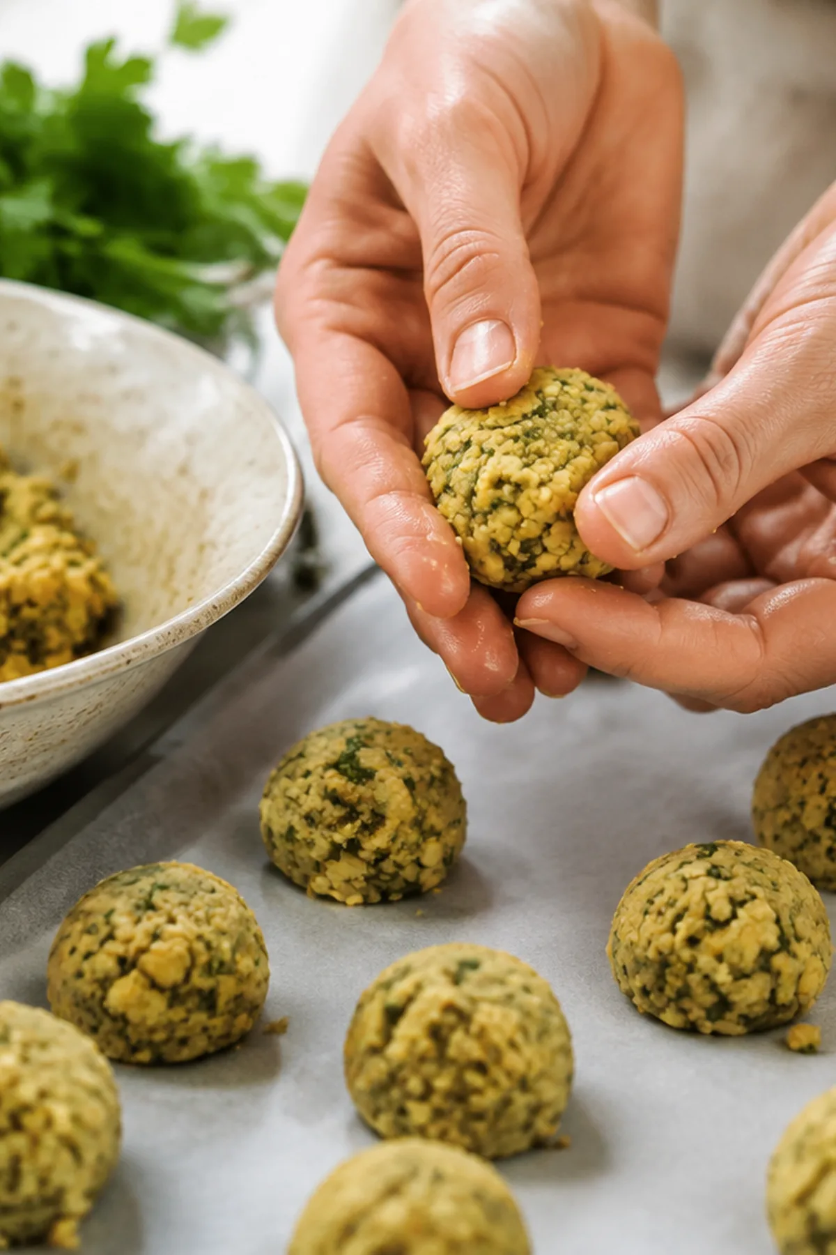 Préparation de Pitas de falafels croustillants, crudités et sauce tahini