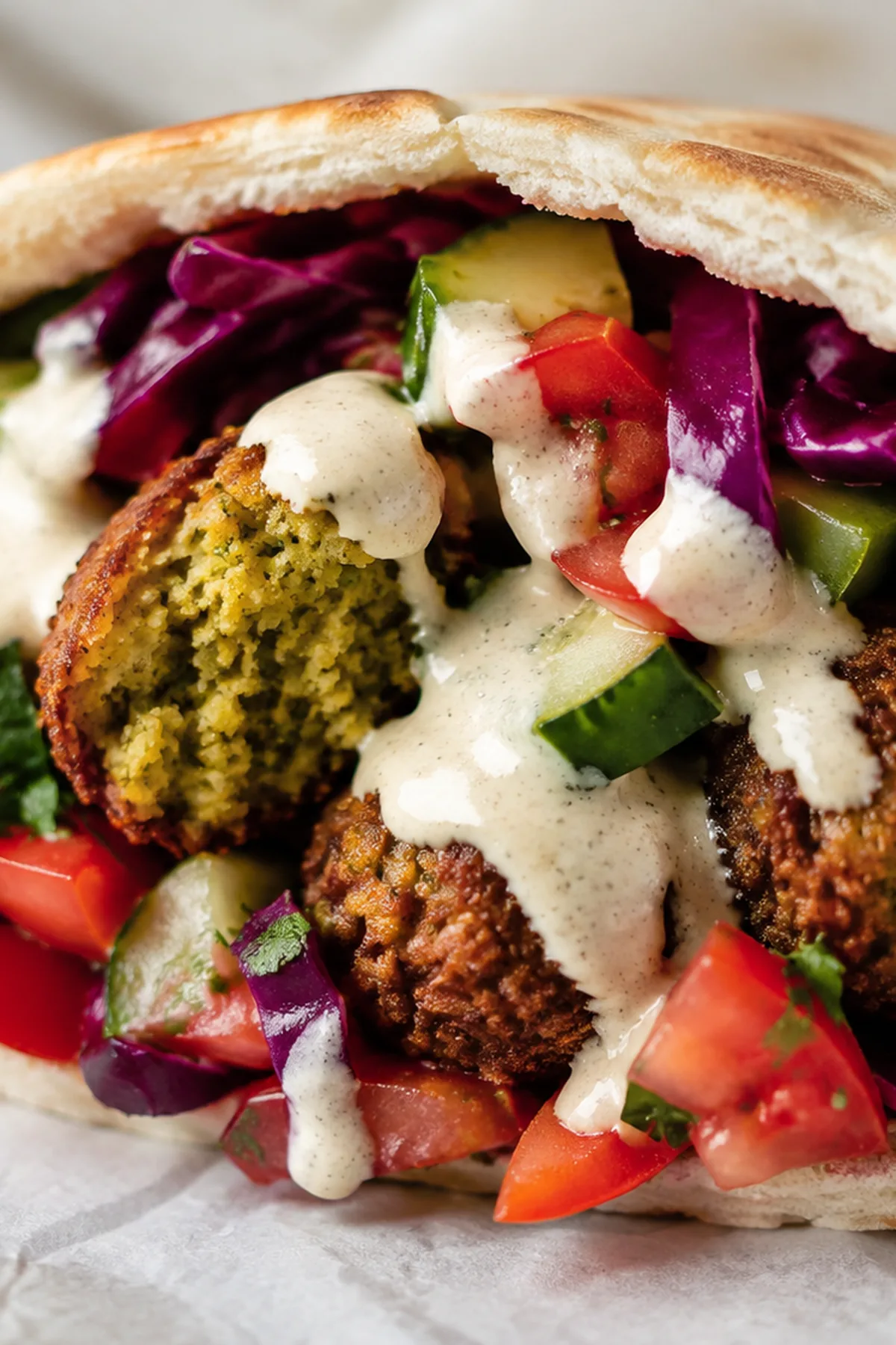 Pitas de falafels croustillants, crudités et sauce tahini prêt à servir