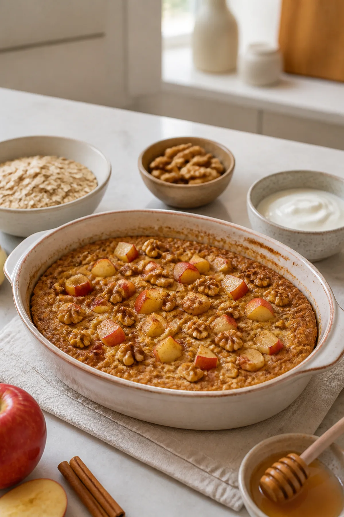 Porridge au four pomme, cannelle et noix