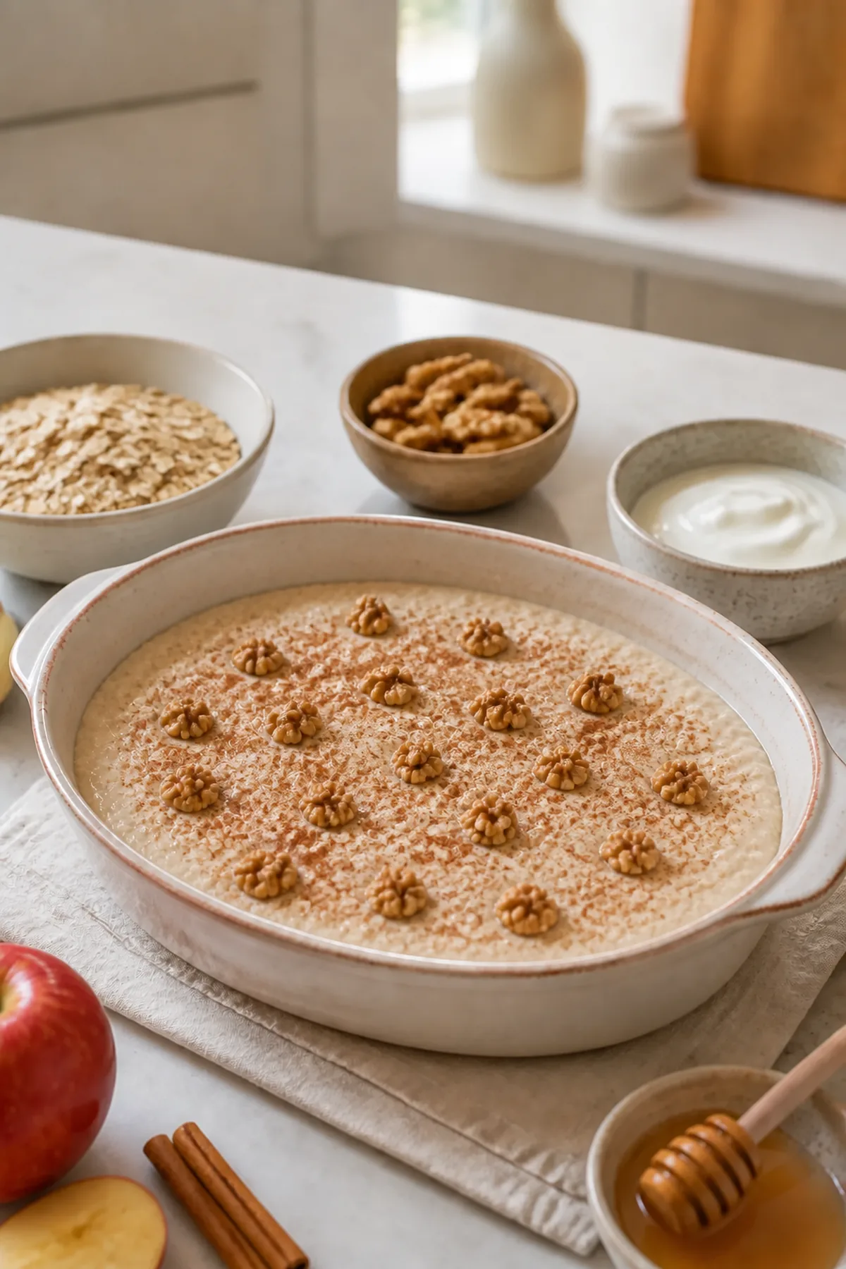 Porridge pomme-cannelle garni de noix avant la cuisson