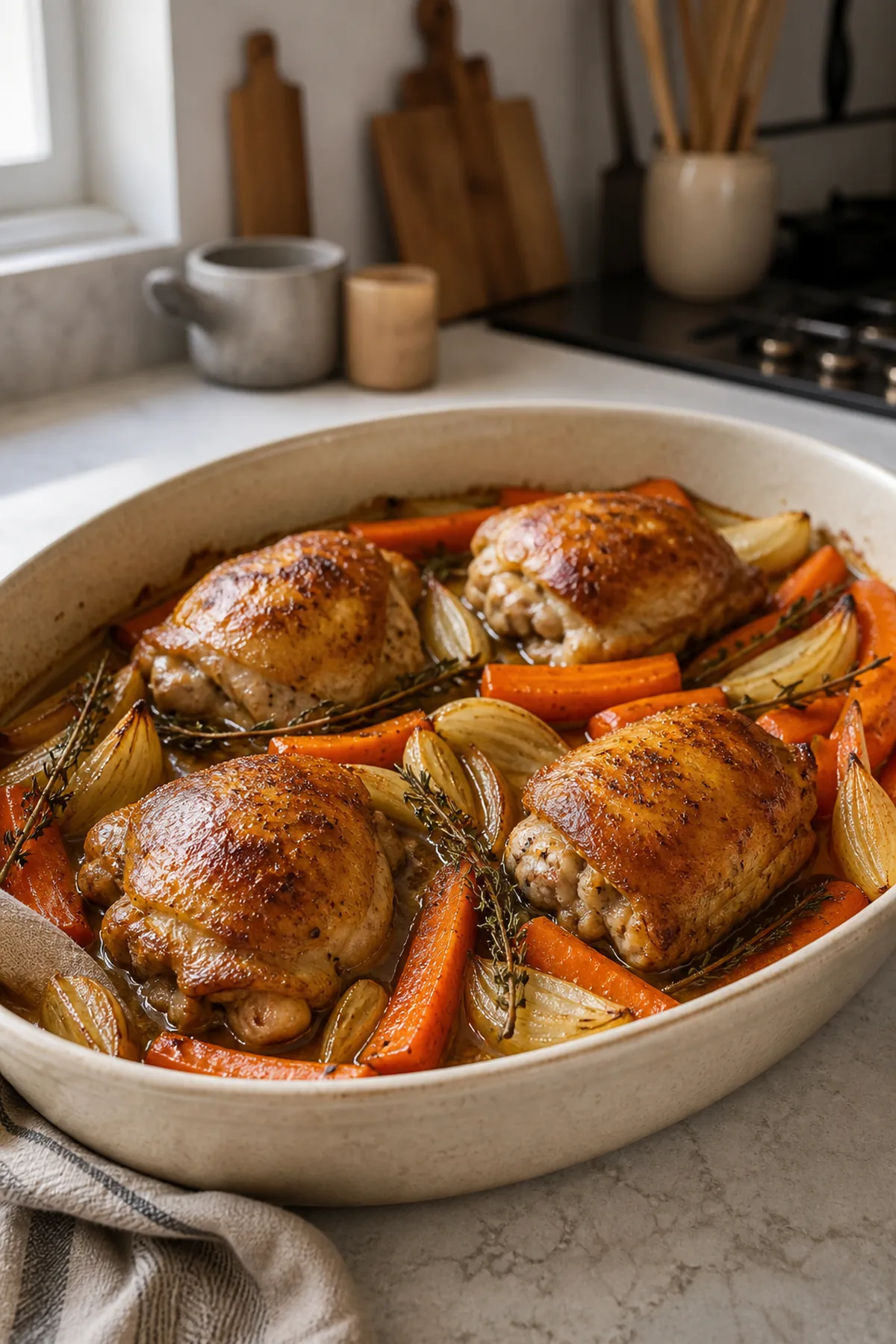 Poulet rôti au miel et à la moutarde, carottes fondantes