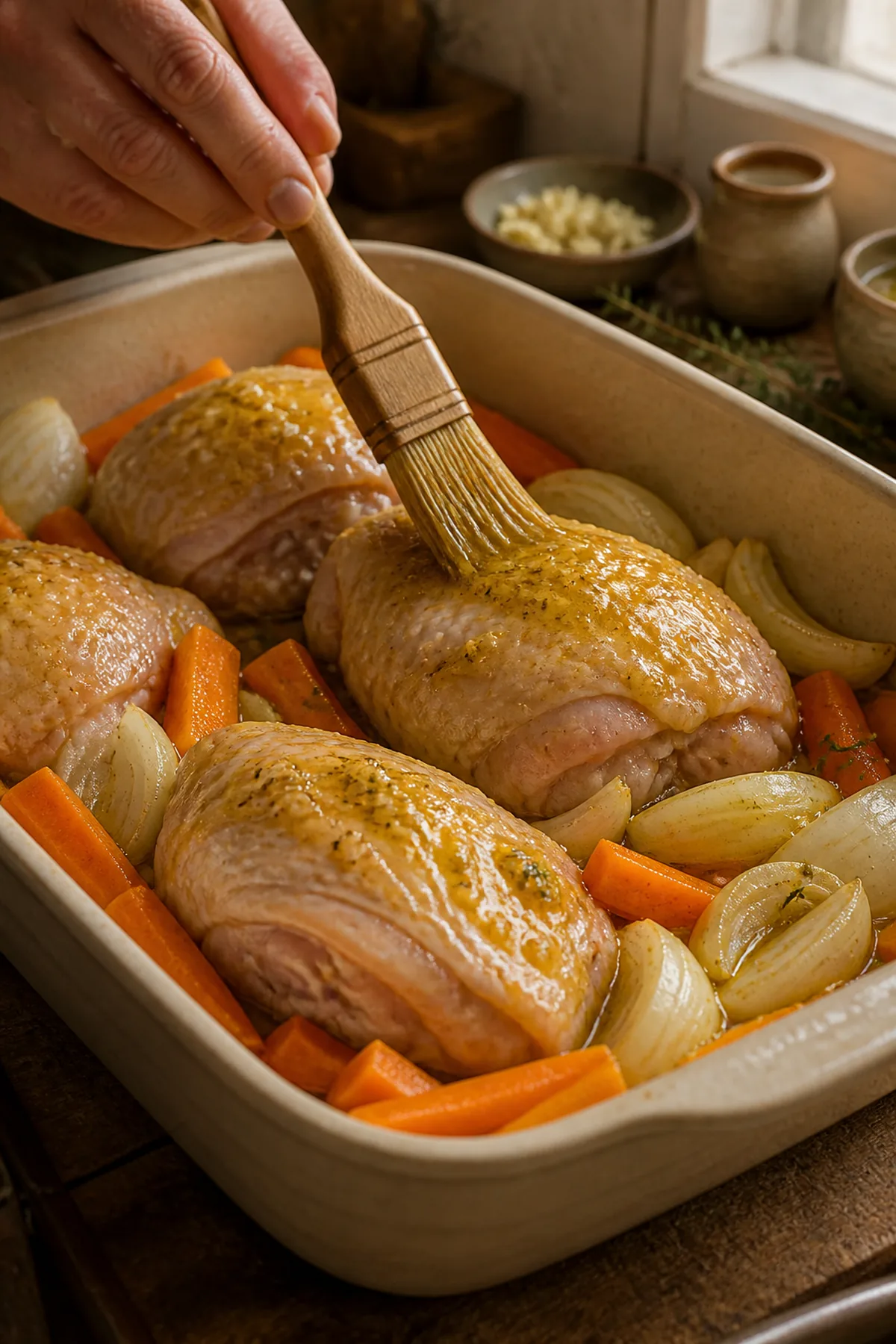 Préparation de Poulet rôti au miel et à la moutarde, carottes fondantes