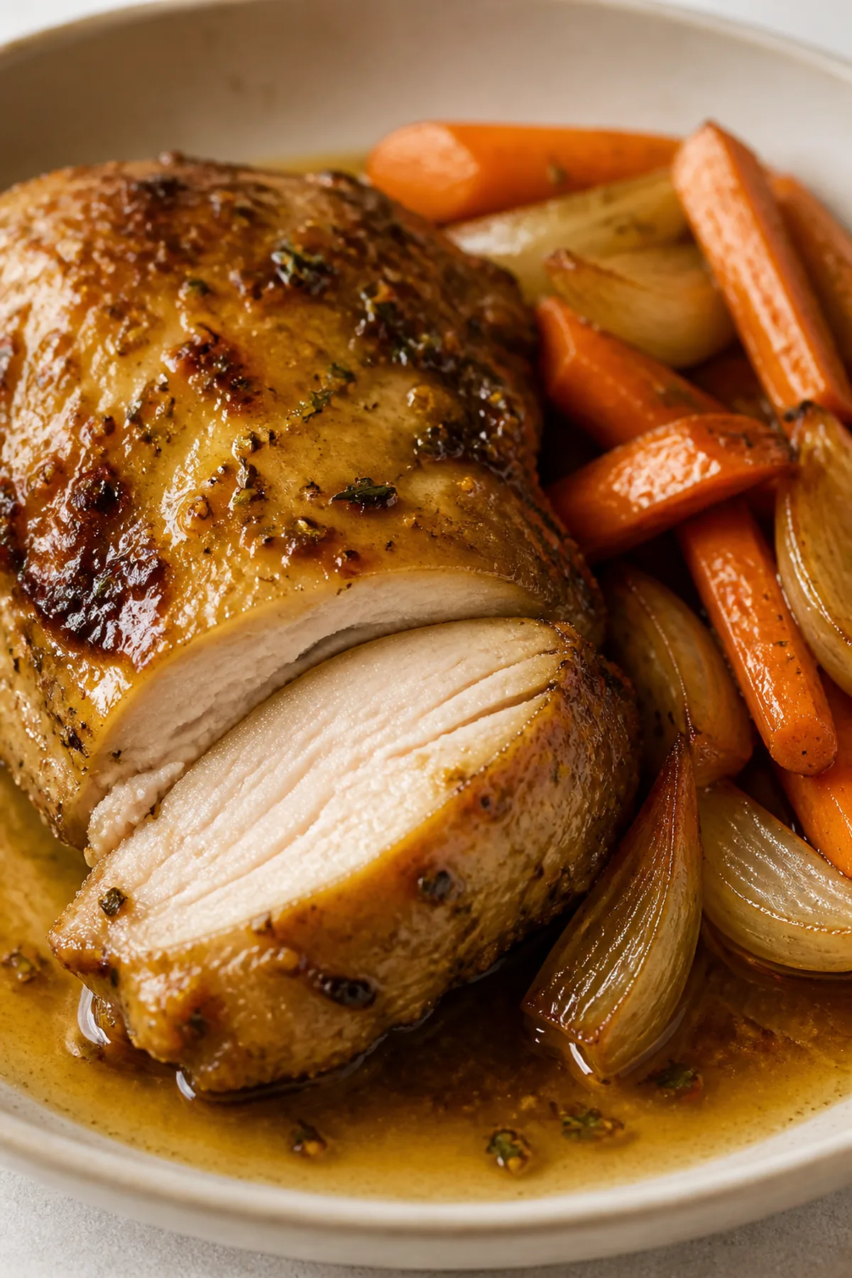 Poulet rôti au miel et à la moutarde, carottes fondantes prêt à servir