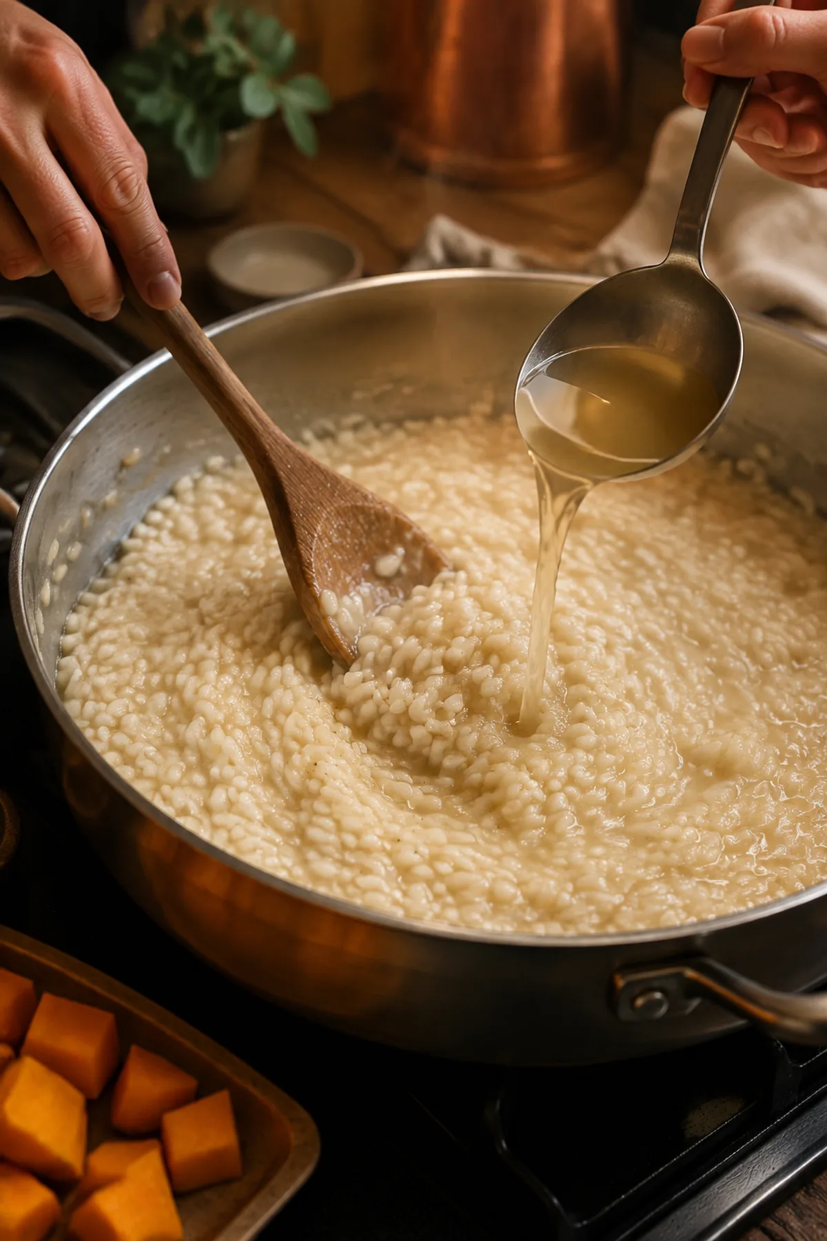 Étape de préparation de Risotto crémeux au potimarron et à la sauge