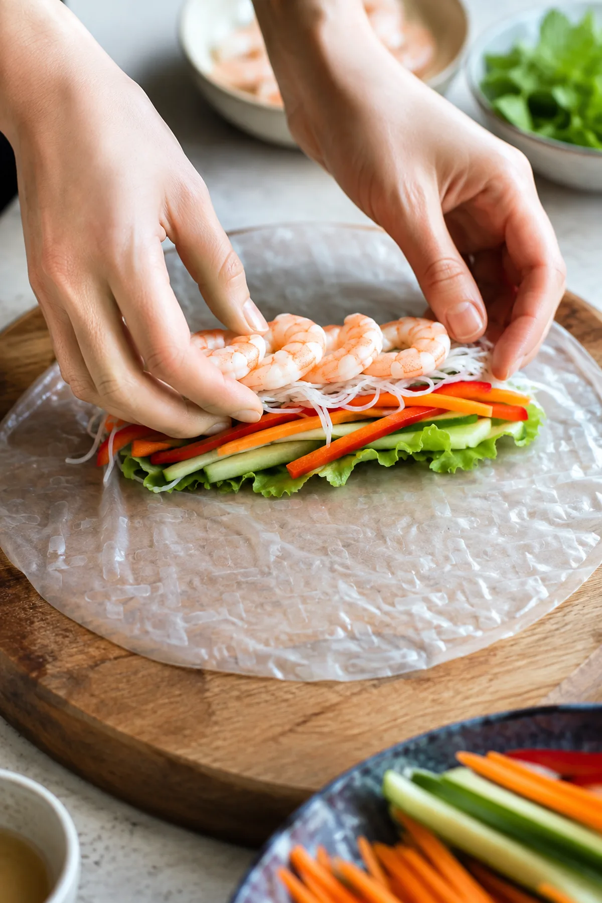 Préparation de Rouleaux de printemps aux crevettes et légumes croquants