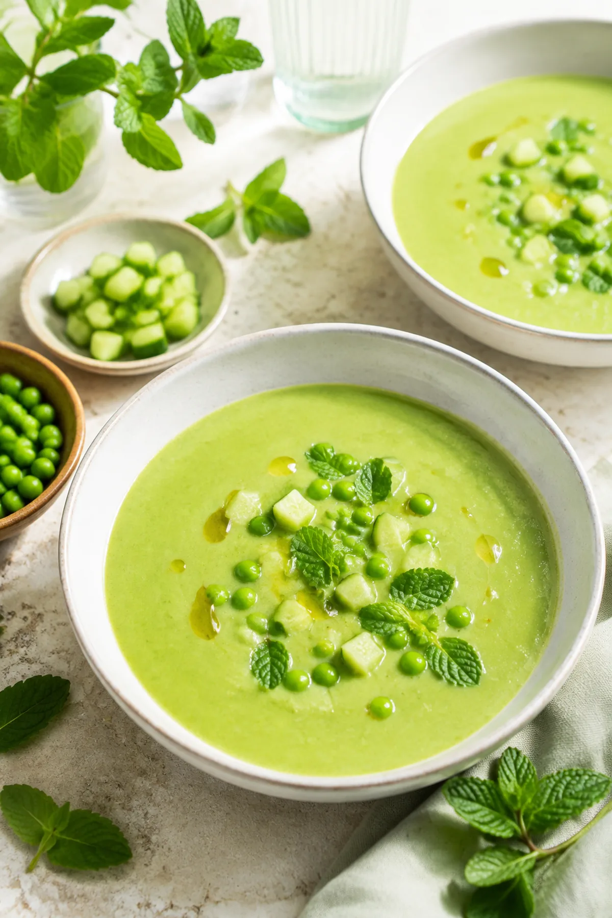 Velouté froid de petits pois, concombre et menthe