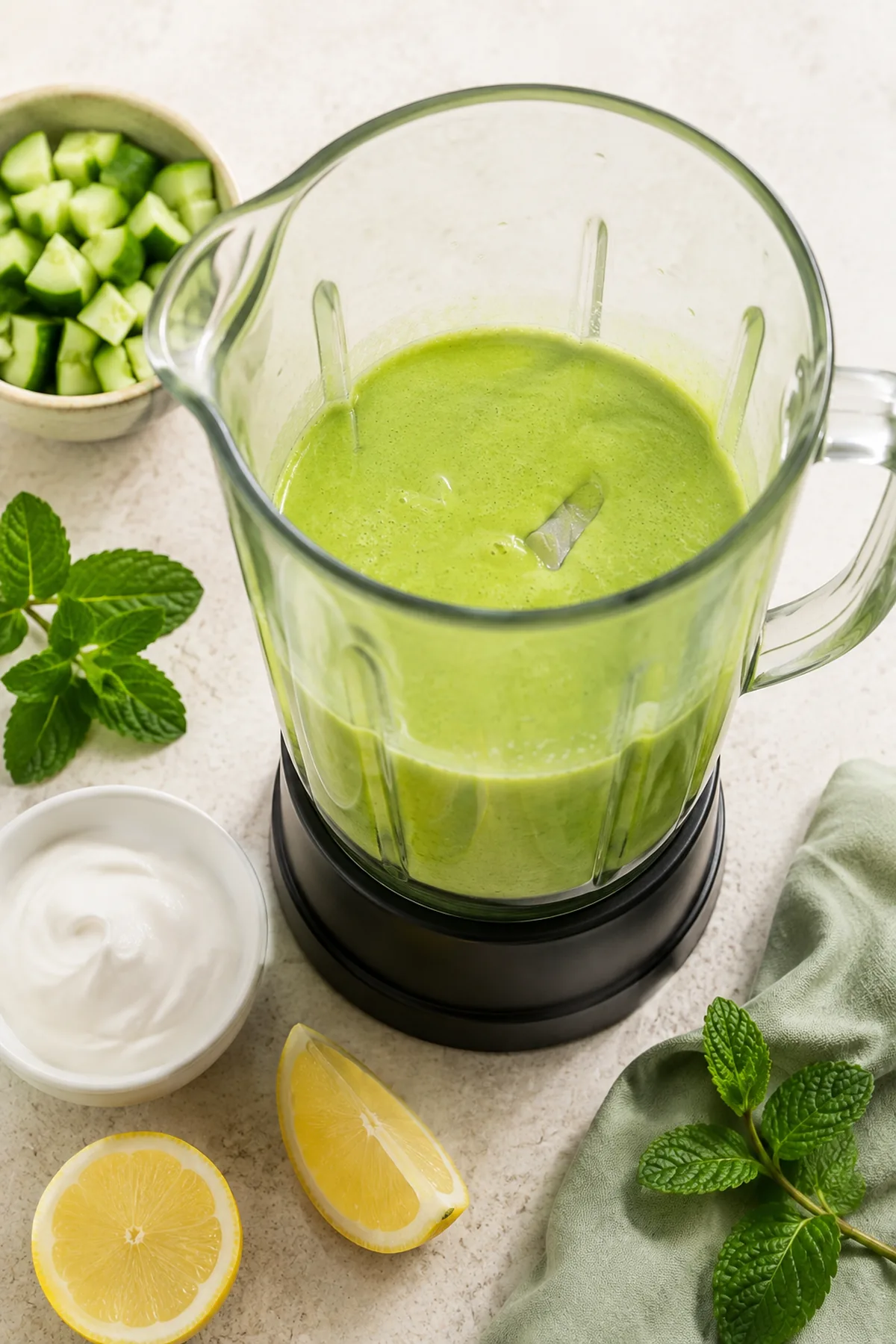 Étape de préparation de Velouté froid de petits pois, concombre et menthe