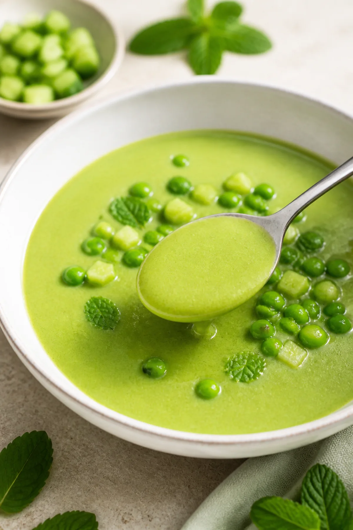 Velouté froid de petits pois, concombre et menthe prêt à servir