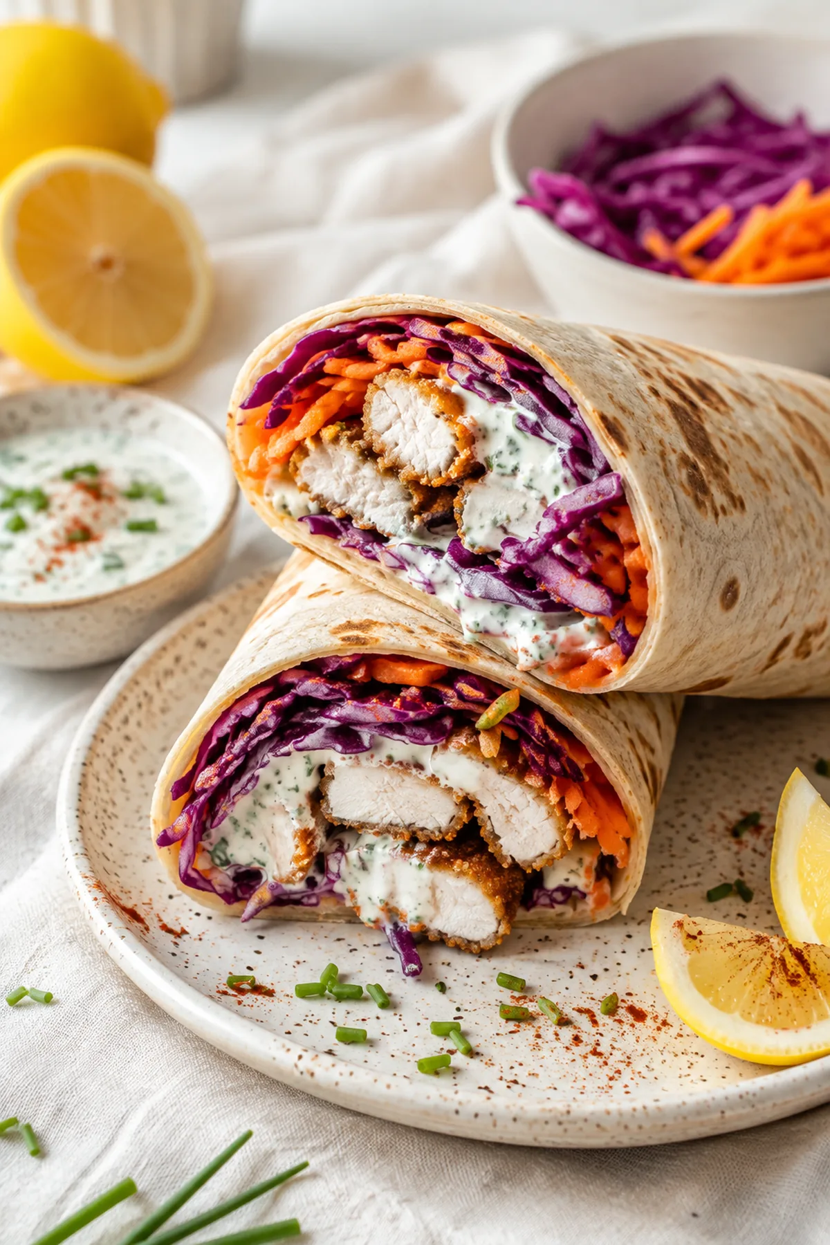 Wraps de poulet croustillant, chou rouge et sauce au yaourt