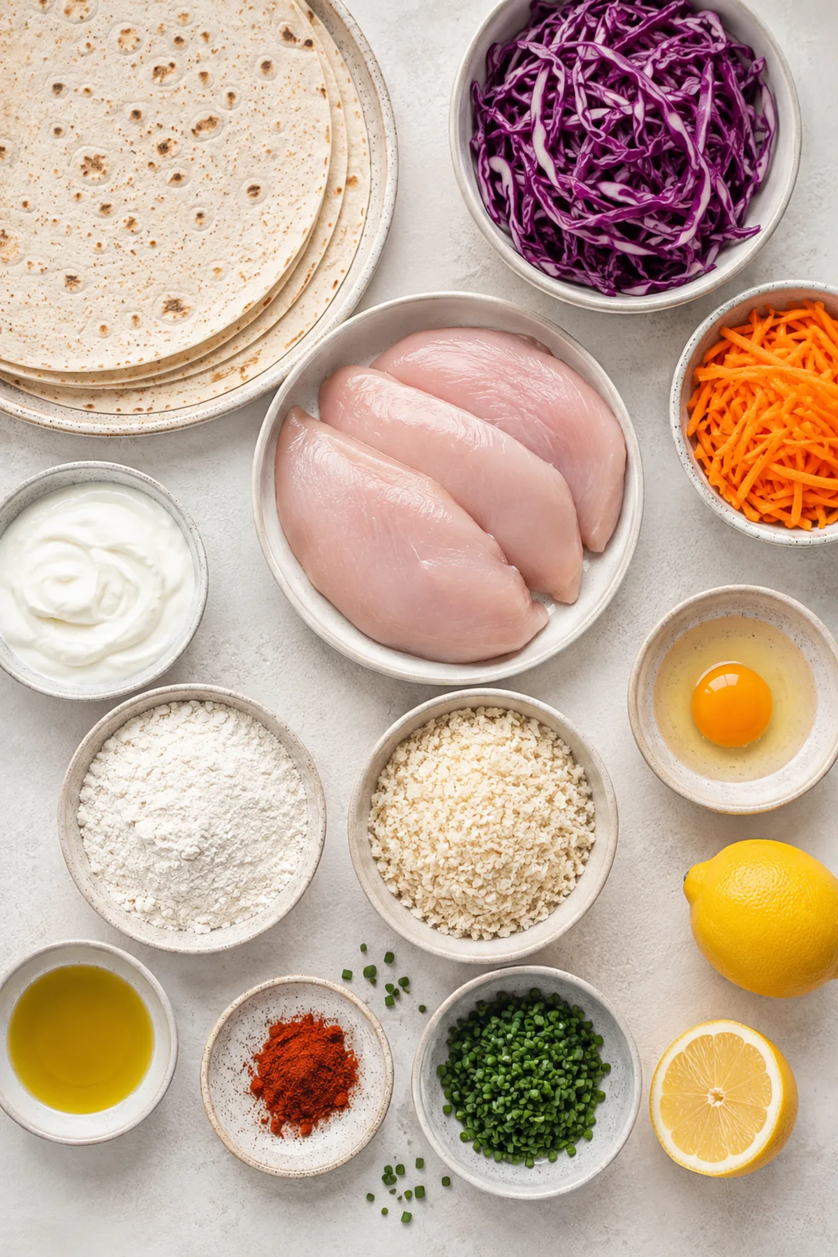 Ingrédients pour Wraps de poulet croustillant, chou rouge et sauce au yaourt