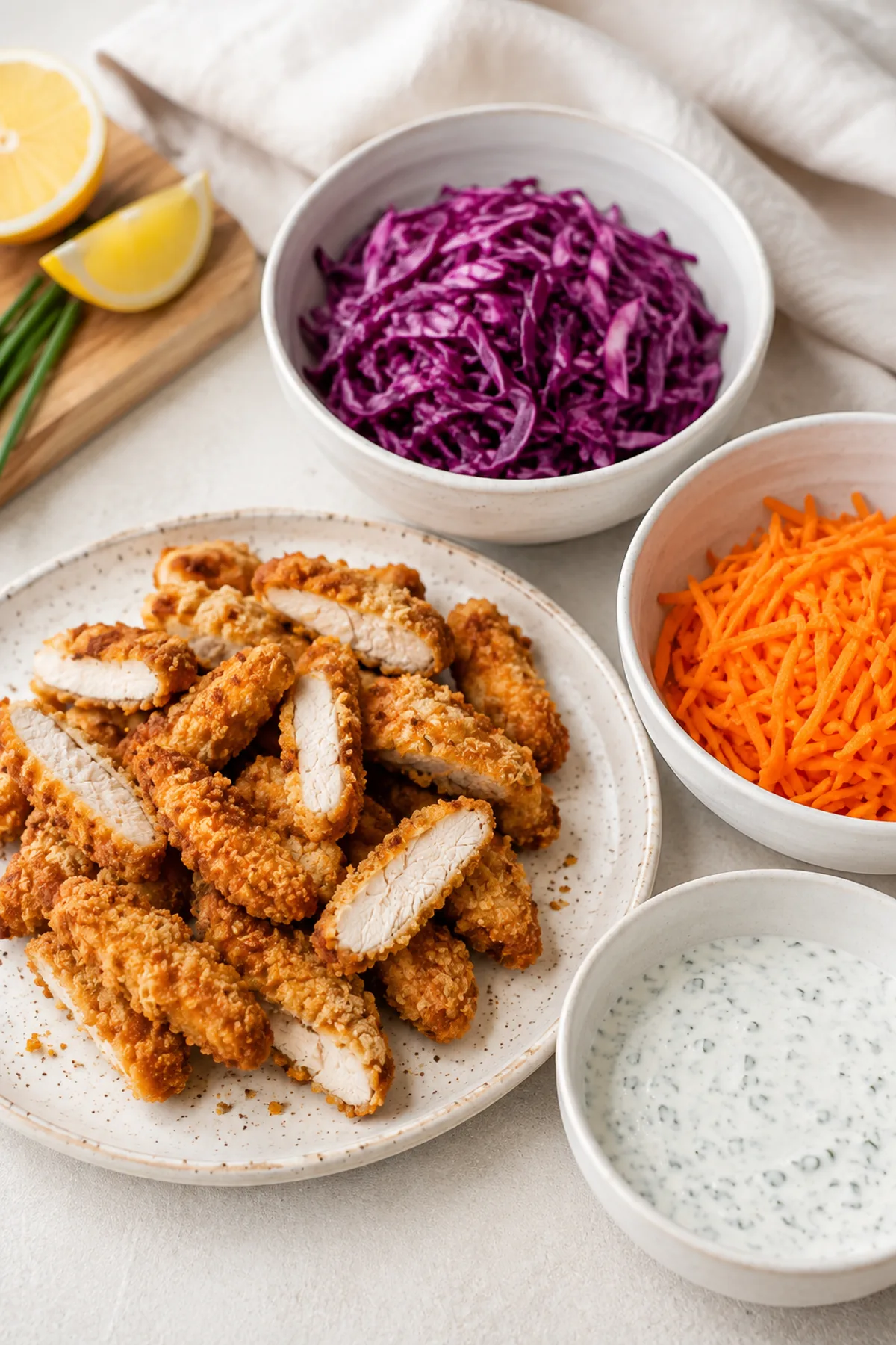 Étape de préparation de Wraps de poulet croustillant, chou rouge et sauce au yaourt