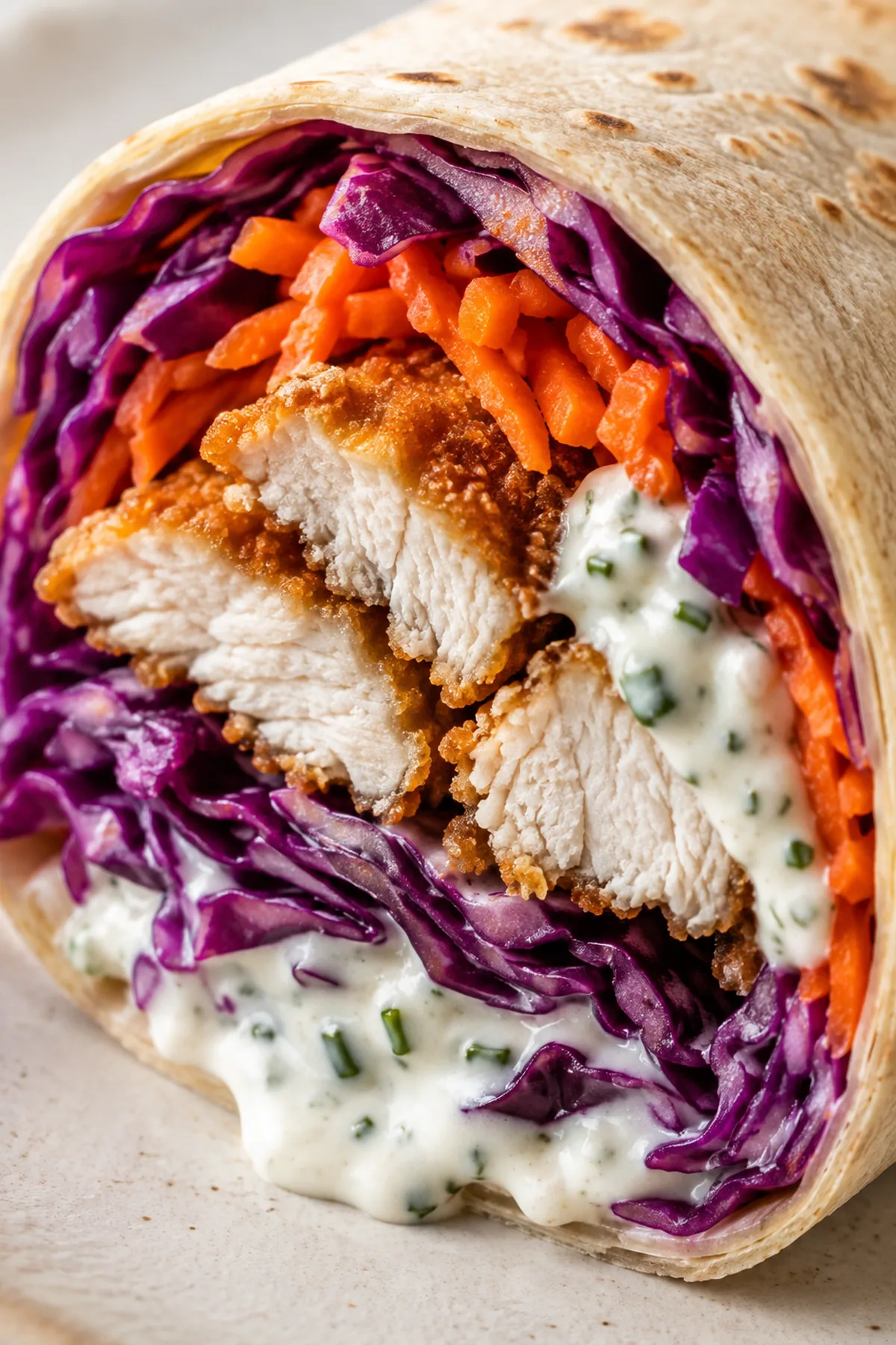Wraps de poulet croustillant, chou rouge et sauce au yaourt prêt à servir
